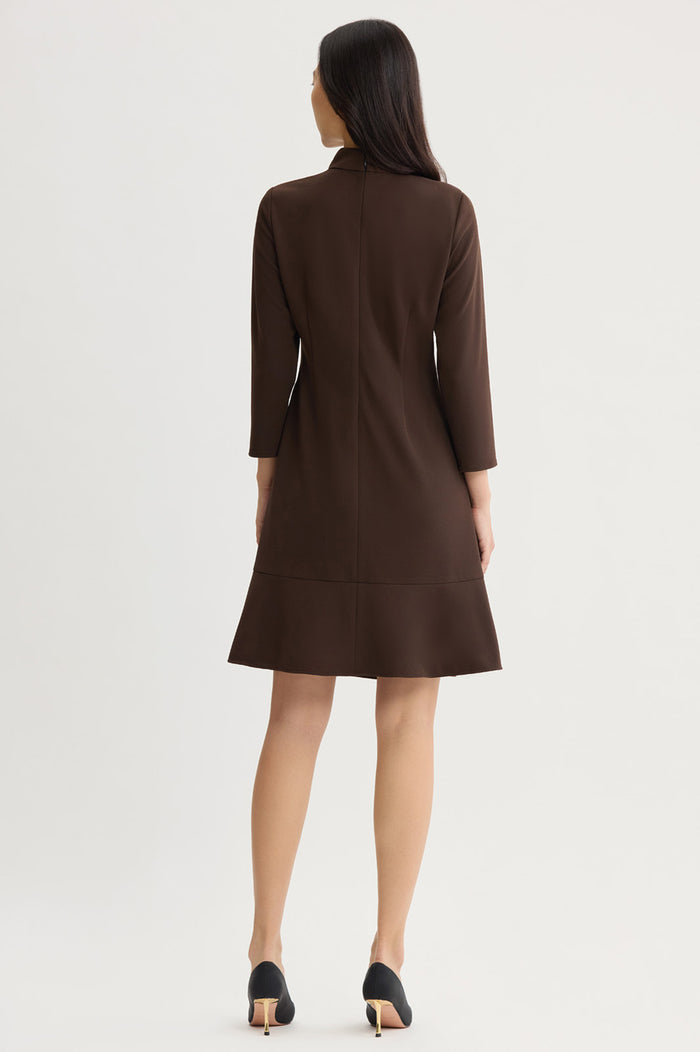 Stretch Deco Crepe Funnel Neck Midi Dress, Dark Umber, Dark Umber | Ming Wang
