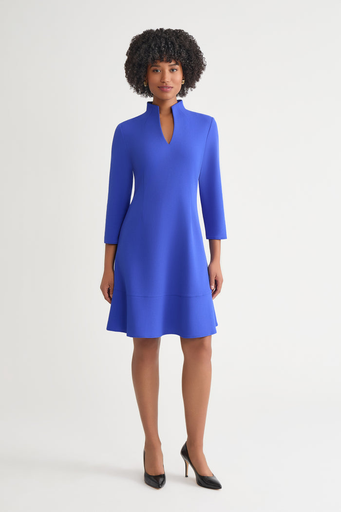 Stretch Deco Crepe Funnel Neck Midi Dress, Sapphire Sea | Ming Wang