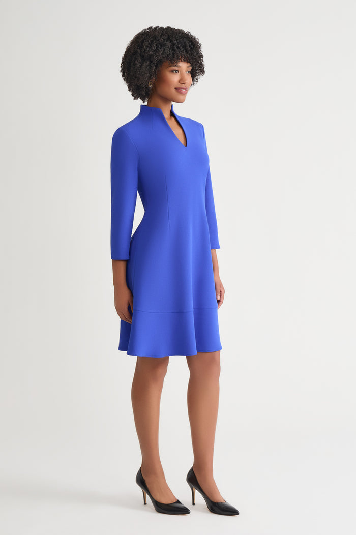 Stretch Deco Crepe Funnel Neck Midi Dress, Sapphire Sea | Ming Wang
