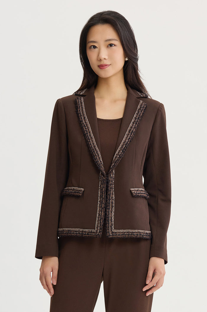 Stretch Deco Crepe Knit Trim Jacket, Dark Umber/Warm Taupe/Ivory | Ming Wang