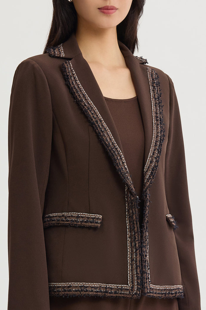 Stretch Deco Crepe Knit Trim Jacket, Dark Umber/Warm Taupe/Ivory | Ming Wang