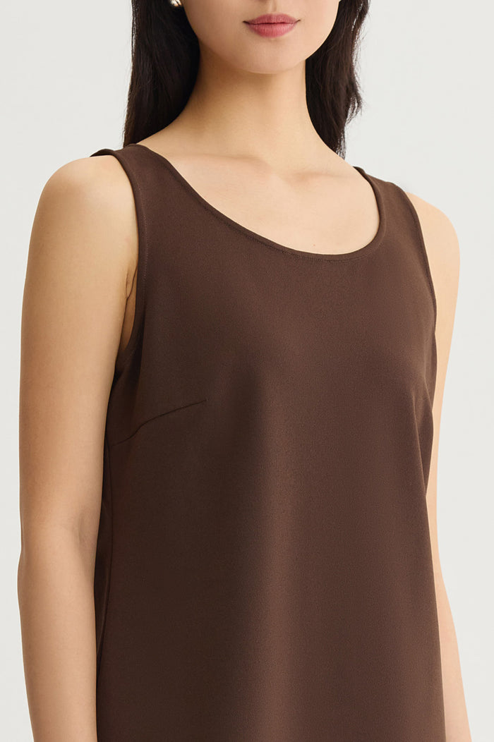 Stretch Deco Crepe Scoop Neck Tank, Dark Umber, Dark Umber | Ming Wang