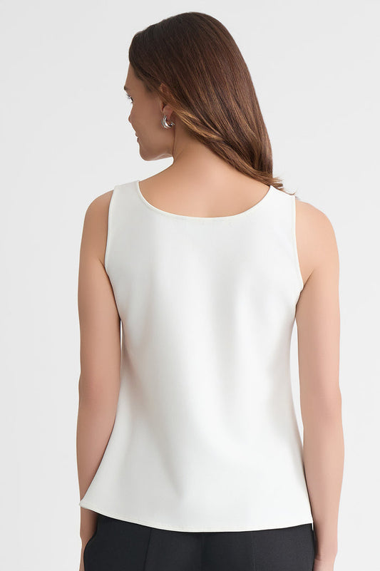 Stretch Deco Crepe Scoop Neck Tank, White, White | Ming Wang