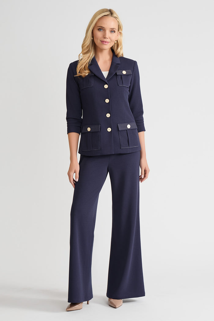 Heritage Stretch Deco Crepe Scrunch Sleeve Jacket, Indigo, Indigo/White | Ming Wang