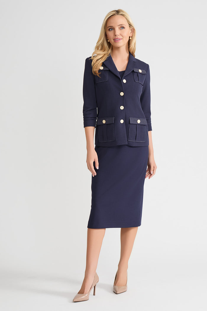 Heritage Stretch Deco Crepe Scrunch Sleeve Jacket, Indigo, Indigo/White | Ming Wang