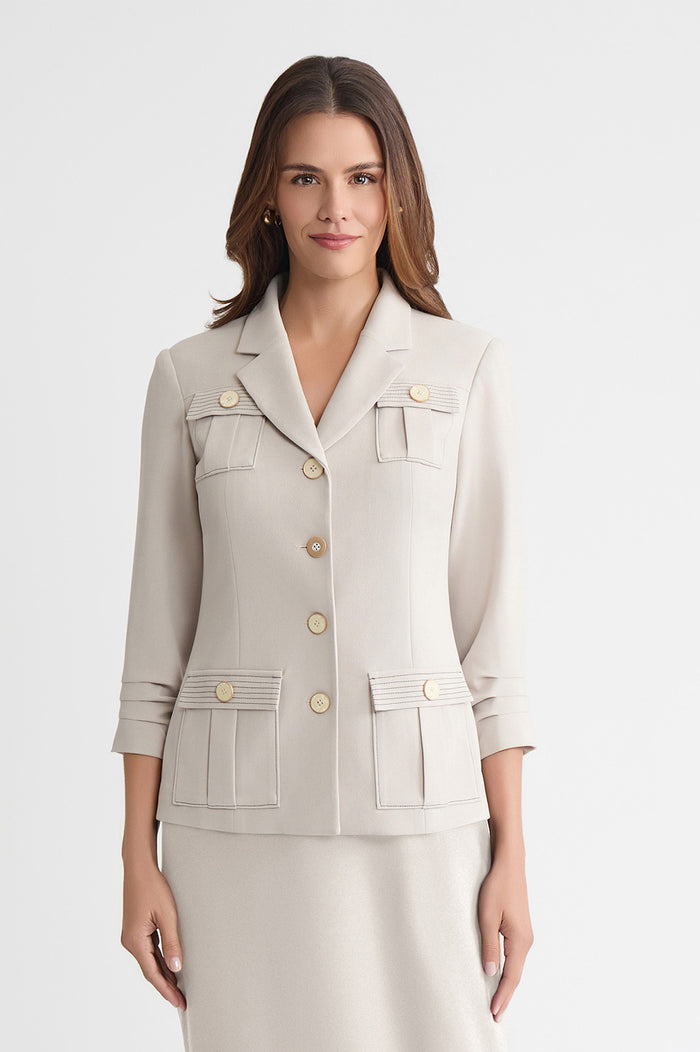 Heritage Stretch Deco Crepe Scrunch Sleeve Jacket, Limestone, Limestone/Black | Ming Wang