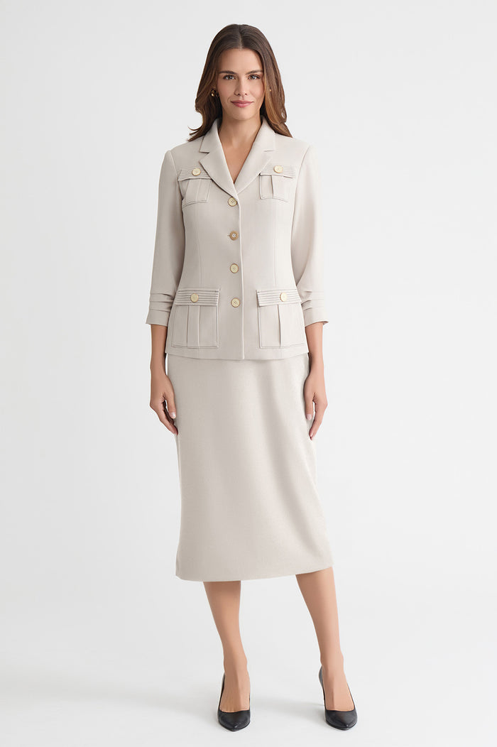Heritage Stretch Deco Crepe Scrunch Sleeve Jacket, Limestone, Limestone/Black | Ming Wang