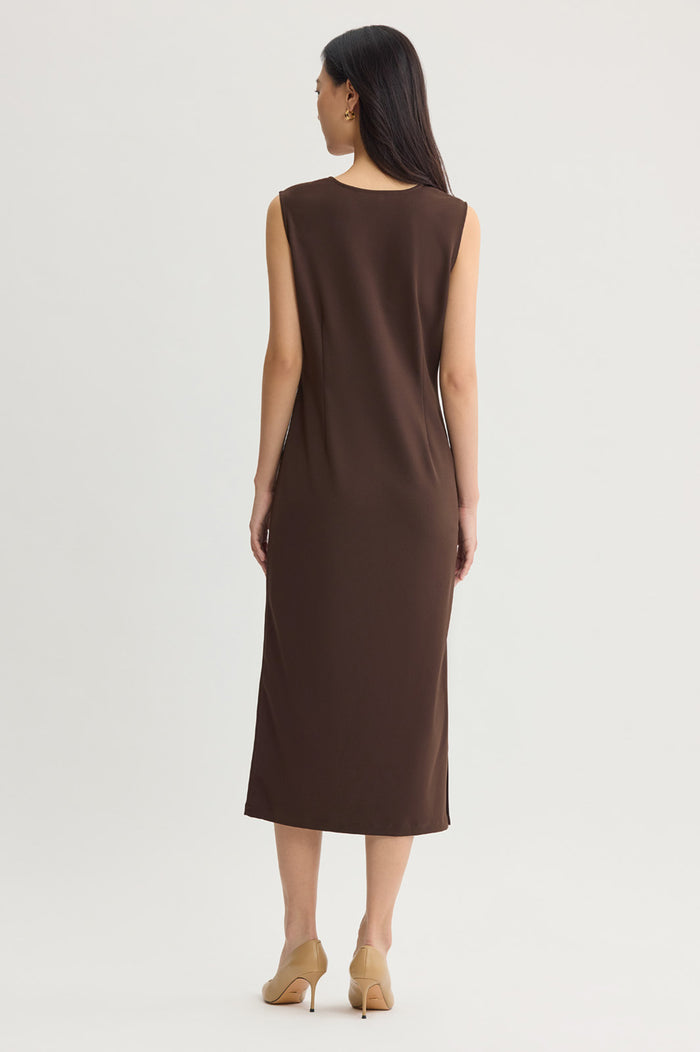 Stretch Deco Crepe Sheath Midi Dress, Dark Umber, Dark Umber | Ming Wang