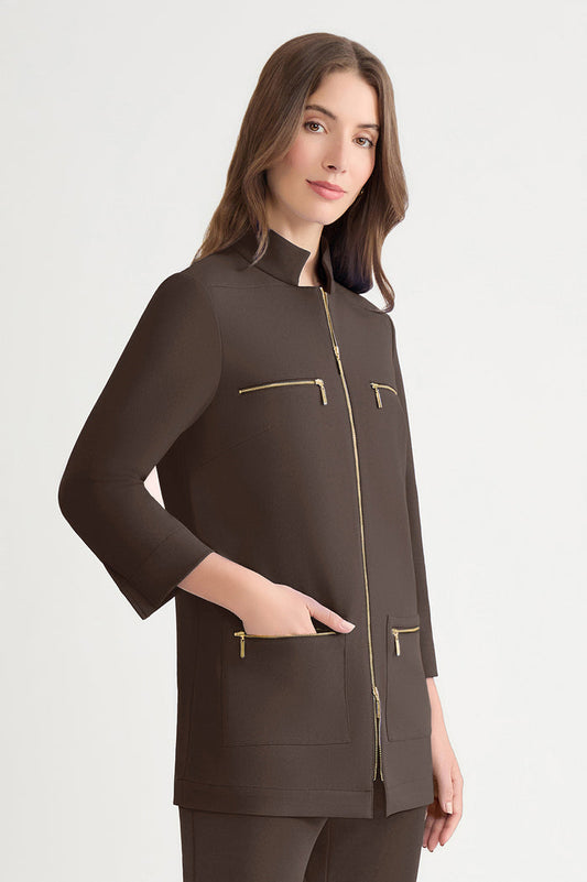 Stretch Deco Crepe Utility Jacket, Dark Umber | Ming Wang
