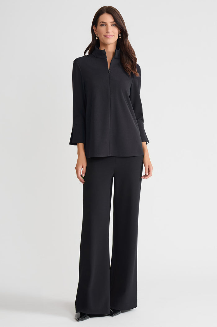 Stretch Deco Crepe Zip Front Pullover Blouse, Black, Black | Ming Wang