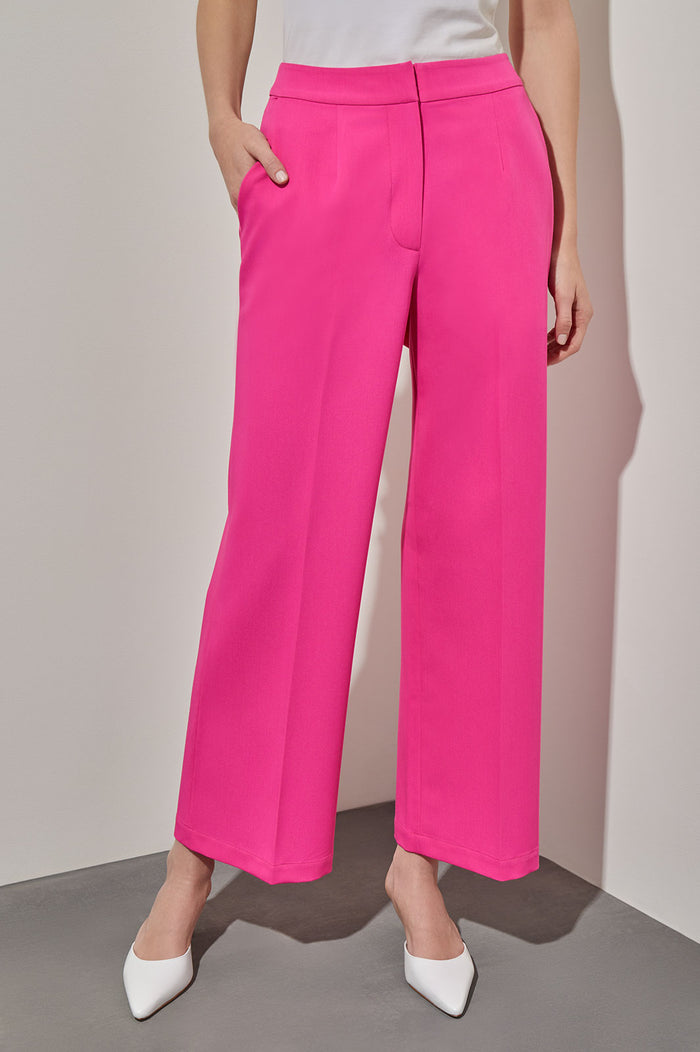 Wide Leg Pant - Zipper Closure Woven, Carmine Rose, Carmine Rose | Ming Wang