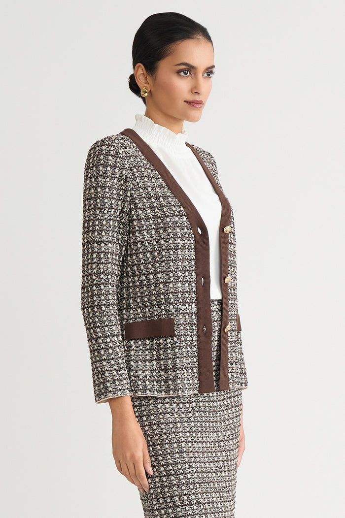 Tailored Contrast Trim Tweed Knit Jacket, Dark Umber/Twig/Black/Ivory | Ming Wang