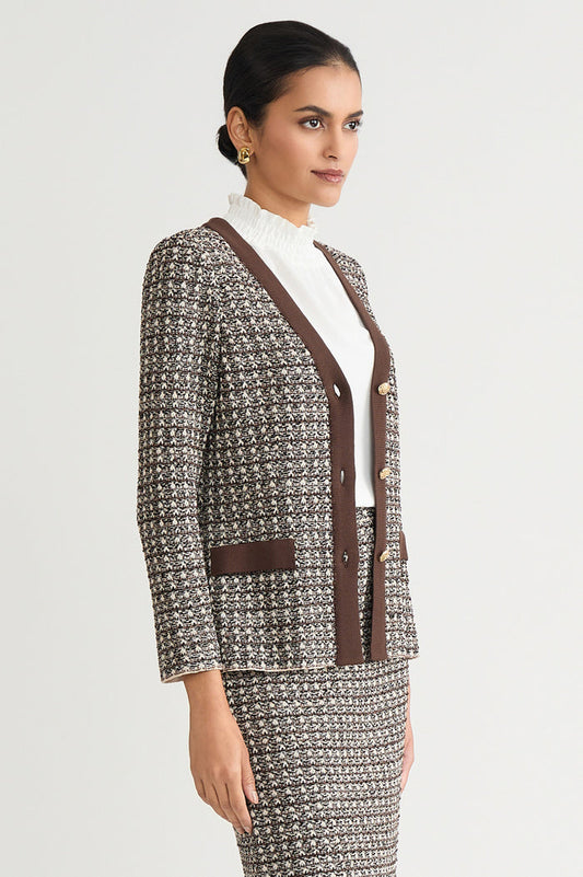 Tailored Contrast Trim Tweed Knit Jacket, Dark Umber/Twig/Black/Ivory | Ming Wang