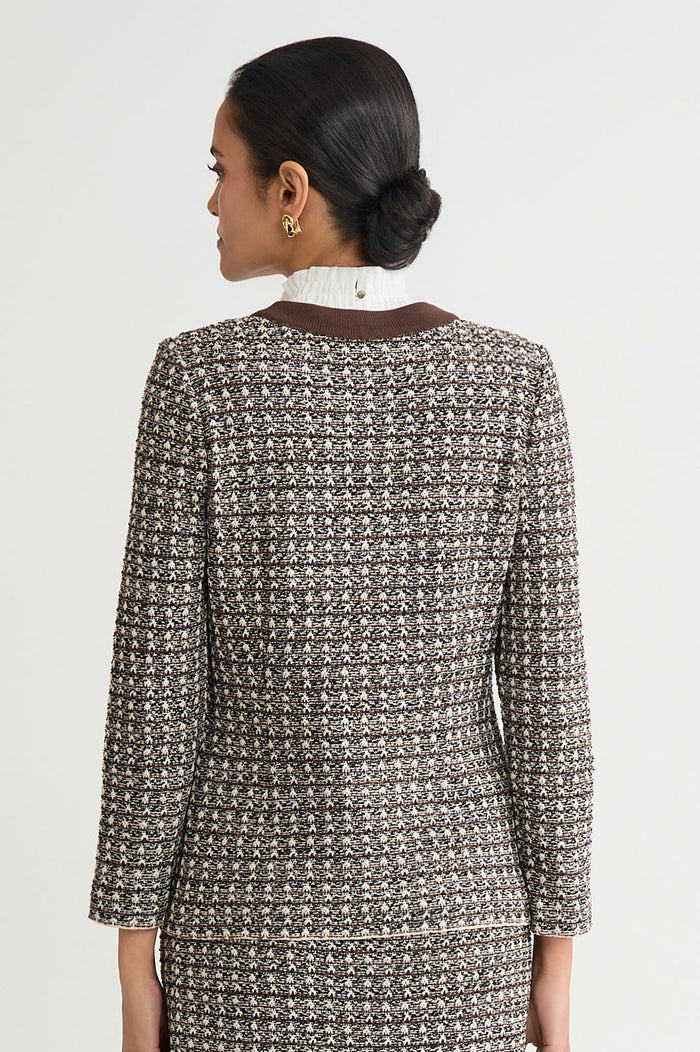 Tailored Contrast Trim Tweed Knit Jacket, Dark Umber/Twig/Black/Ivory | Ming Wang