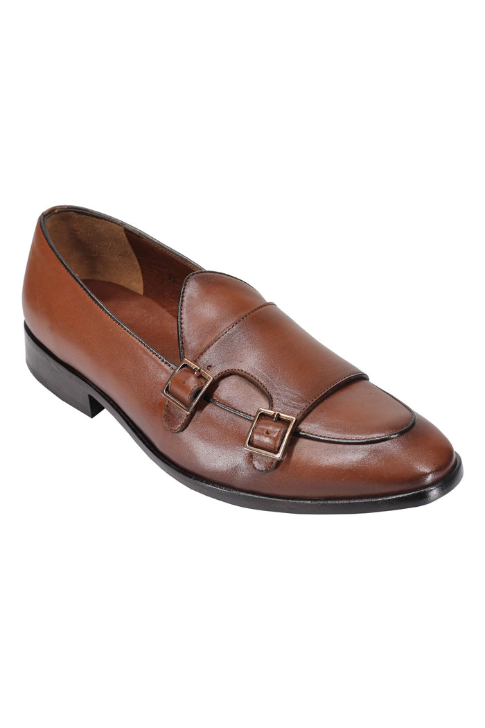 Tan Calf Leather Double Monk Shoes