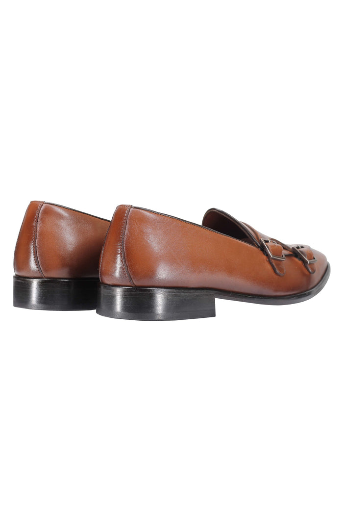 Tan Calf Leather Double Monk Shoes