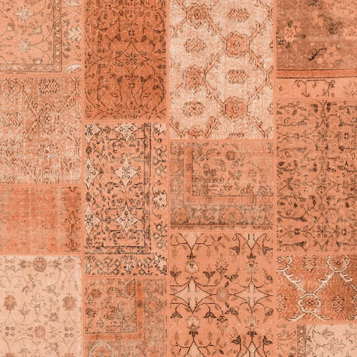 The Terracotta Patch - Washable Rug - JRN1037 (Custom Size) features rectangular burnt orange and beige panels with vintage-style floral and geometric patterns, offering varied detail and flat weave texture.