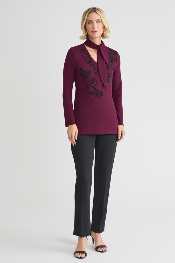 Tie-Neck Floral Jacquard Soft Knit Tunic, Midnight Violet/Black | Ming Wang