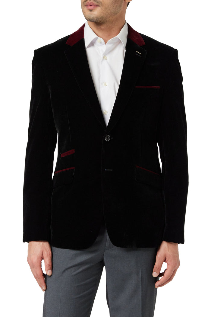 TIM Black Velvet Blazer with Maroon Trim