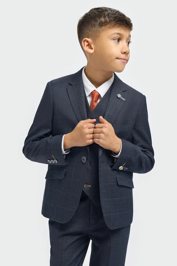 Torino Boys Navy Blue 3 Piece Suit Windowpane Check