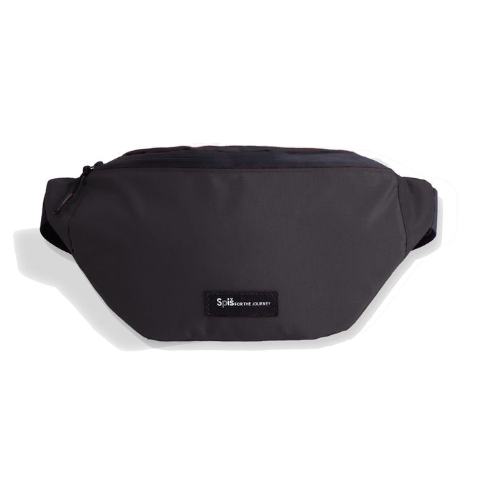 Black waist pack crossbody fanny pack with zip closure and front label on white background