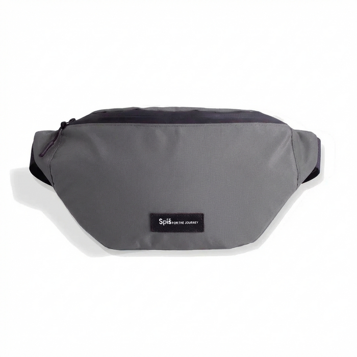 Gray waist bag with black zipper and front patch, minimalist travel accessory