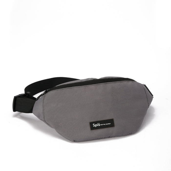 Gray waist bag with black zipper and adjustable strap, front Spiš For The Journey label