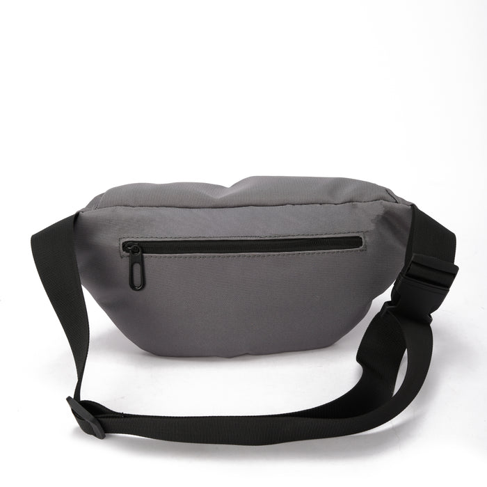 Gray sling bag with black adjustable strap and back zipper pocket on white background