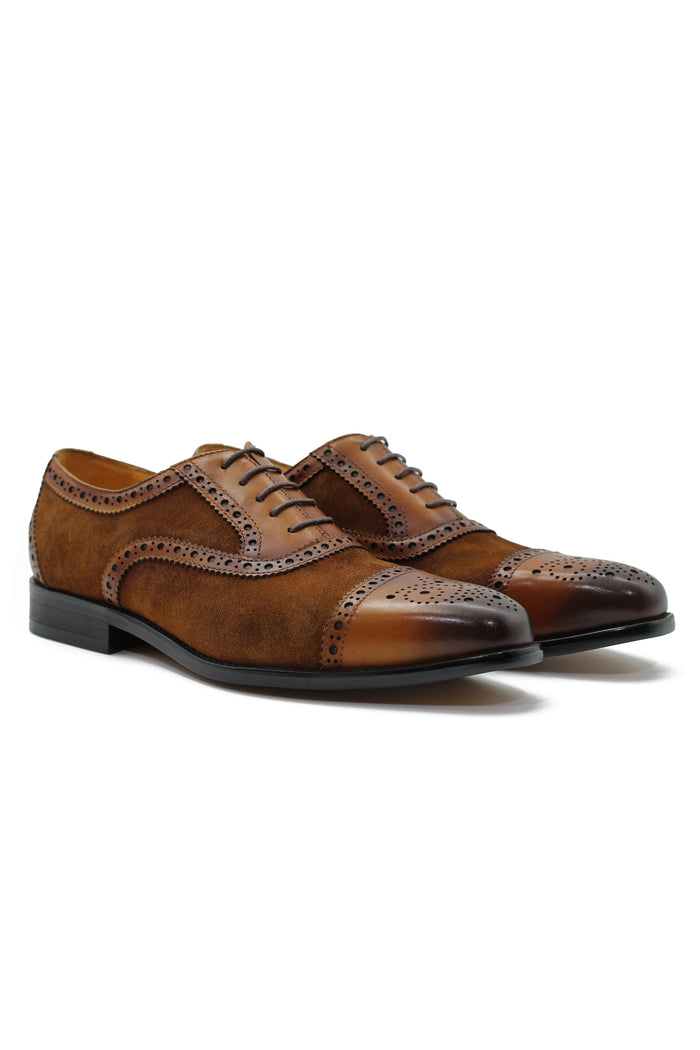 TWO TONE SPECTATOR BROGUES IN BROWN LEATHER & SUEDE