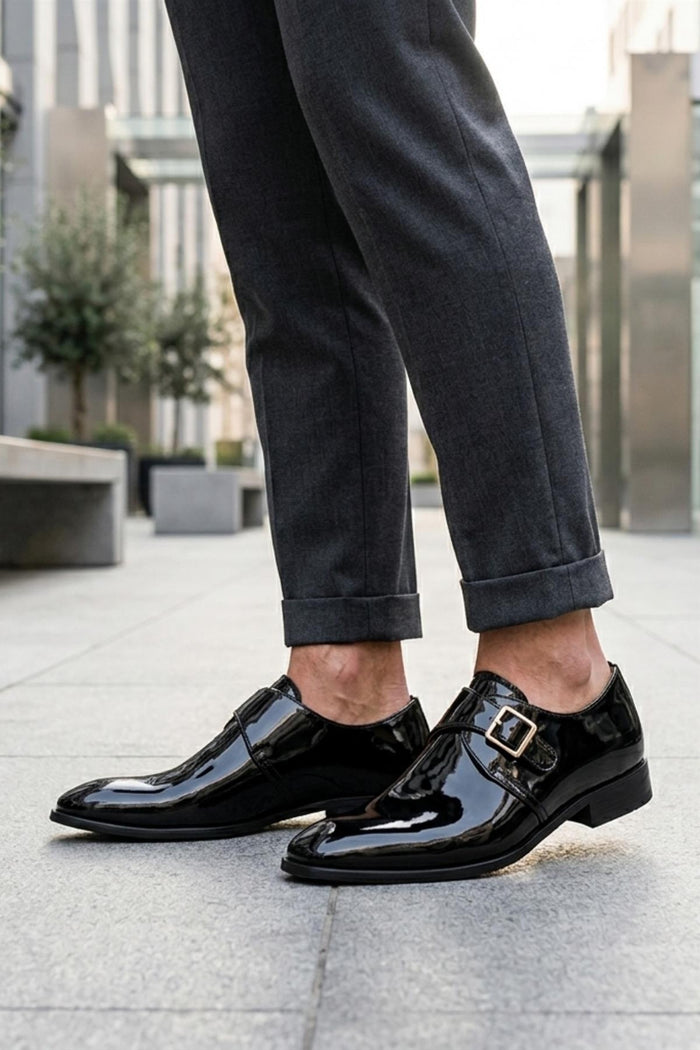 VALE Men’s Black Patent Leather Single Monk Strap Shoes