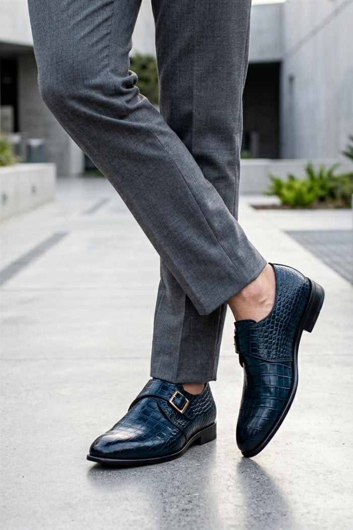 VALE Men’s Dark Blue Croc-Embossed Leather Monk Strap Shoes