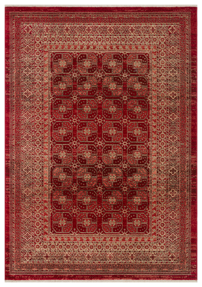 Deep red traditional rug with a repeating geometric medallion pattern and a decorative beige border.