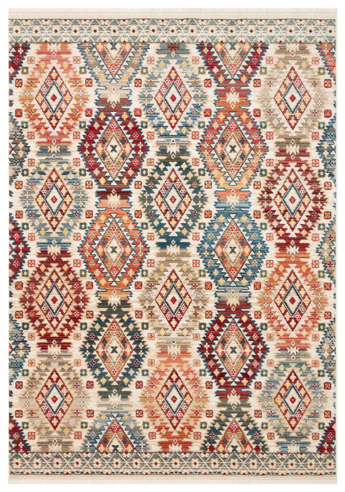 Multi-colored southwestern rug with a repeating diamond pattern in red, blue, orange, and beige on a cream background.