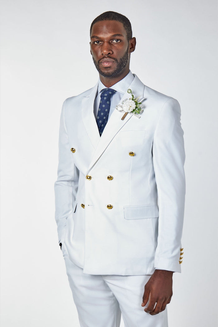 WHITE DOUBLE BREASTED TAILORED SUIT GOLD BUTTONS