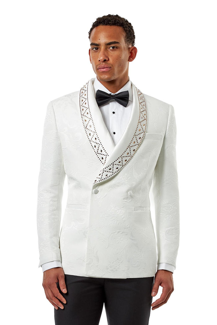 White Jacquard Double-Breasted Tuxedo Wedding Suit