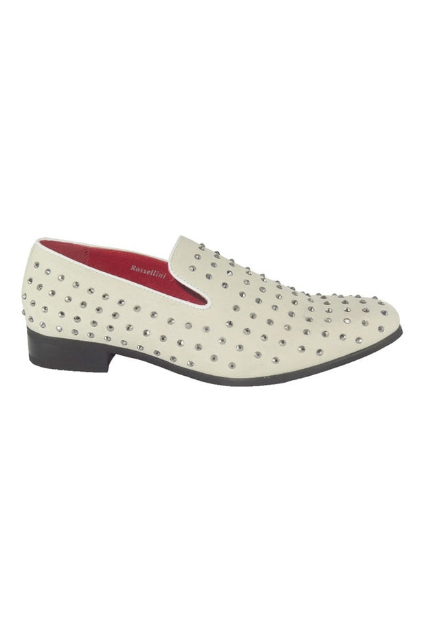WHITE SUEDE LEATHER LINED GLITTER STUD LOAFERS