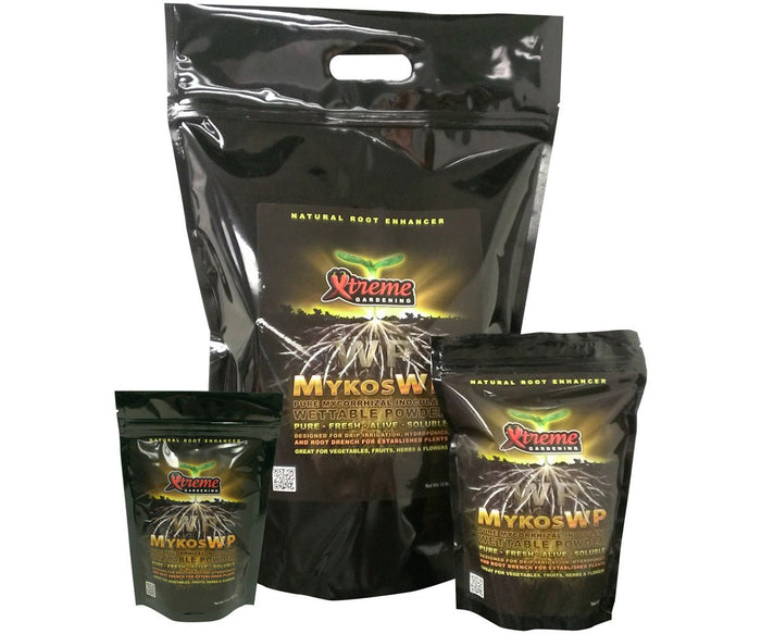 Three black bags of Xtreme Gardening Mykos WP root enhancer in varying sizes, featuring a seedling and root logo.