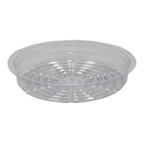 Clear, round plastic plant saucer with a ribbed interior design to elevate pots for drainage.