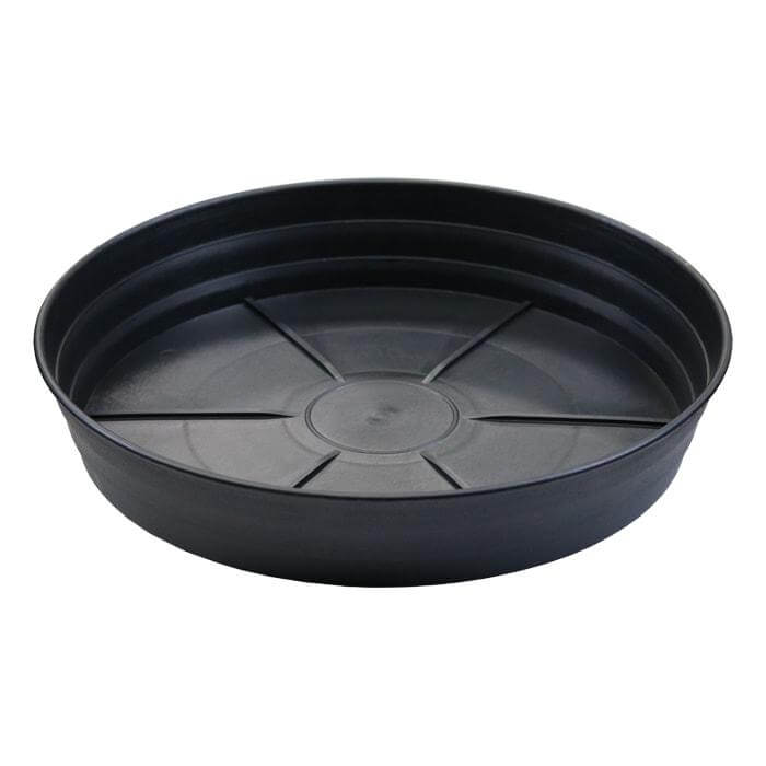 Black plastic plant saucer with a circular base, raised interior ridges, and angled, wide-rimmed walls.