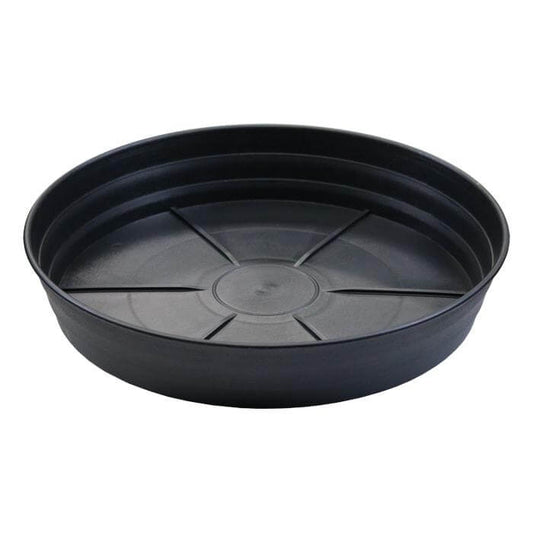Black plastic plant saucer with a circular base, raised interior ridges, and angled, wide-rimmed walls.