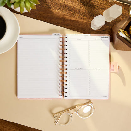 2027 Blush Diagonals Customizable Spiral Citrine Planner - Small Professional Layout - 12 Months open to a notes and to do list spread with spiral binding