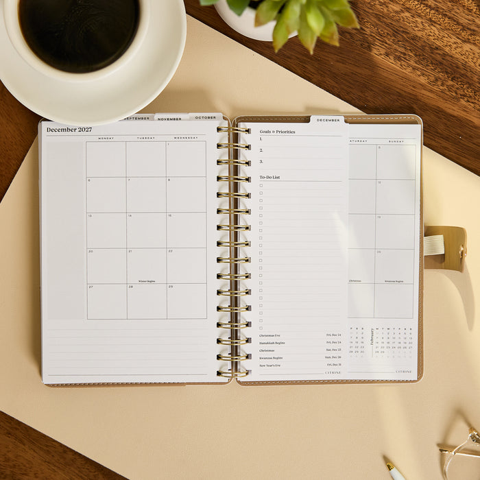 2027 Ivory Delicate Dots Customizable Spiral Citrine Planner - Small Professional Layout - 12 Months open to December 2027 calendar and weekly priorities pages