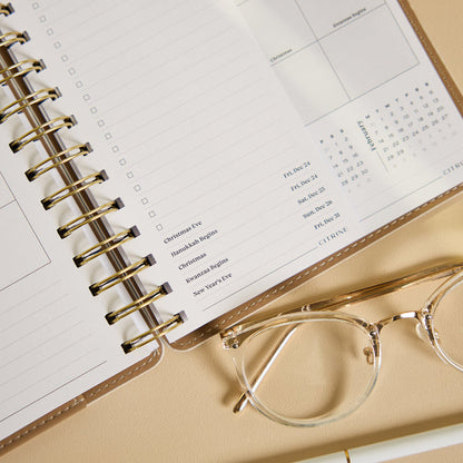 2027 Ivory Delicate Dots Customizable Spiral Citrine Planner - Small Professional Layout - 12 Months open with lined pages calendar spread and gold spiral binding