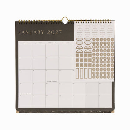 2027 Midnight Citrine Wall Calendar - Small - 12 Months showing a January 2027 monthly grid with gold spiral binding and coordinated sticker sheet