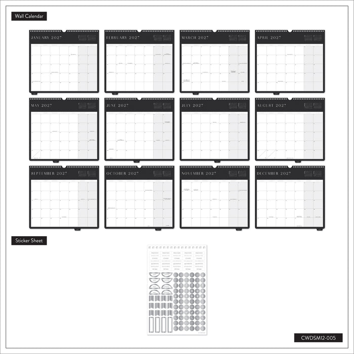 2027 Midnight Citrine Wall Calendar - Small - 12 Months showing twelve monthly calendar grids with dark headers and a coordinating sticker sheet