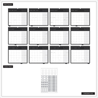 2027 Midnight Citrine Wall Calendar - Small - 12 Months showing twelve monthly calendar grids with dark headers and a coordinating sticker sheet