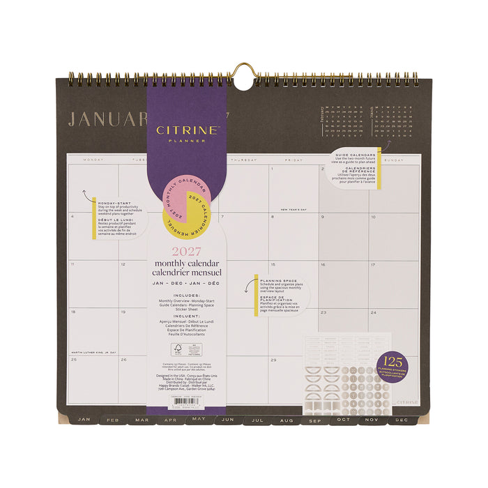 2027 Midnight Citrine Wall Calendar - Small - 12 Months showing a spiral bound monthly layout with January through December tabs in neutral and purple tones