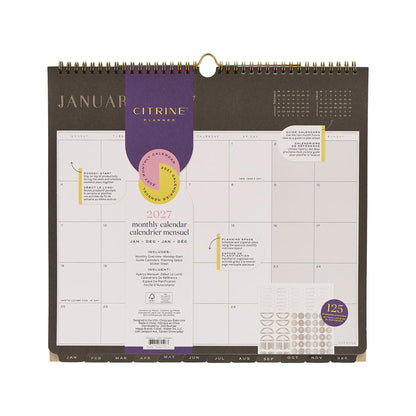 2027 Midnight Citrine Wall Calendar - Small - 12 Months showing a spiral bound monthly layout with January through December tabs in neutral and purple tones