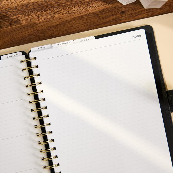 2027 Midnight Customizable Spiral Citrine Planner - Classic Professional Layout - 12 Months open spiral planner with monthly tabs and lined notes page
