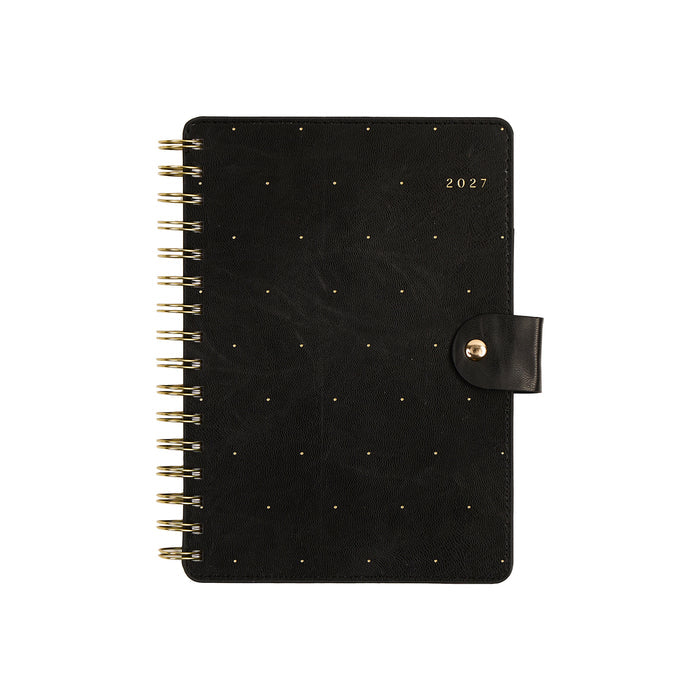 2027 Midnight Micro Dots Customizable Spiral Citrine Planner - Small Professional Layout - 12 Months with black cover gold dots spiral binding and snap closure